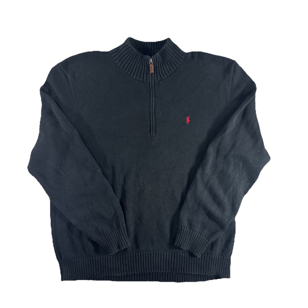 Polo Ralph Lauren Sweater Men's XXL Black Quarter-Zip Pullover Red Pony Cotton‎